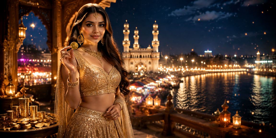 Young woman playing Aviator crash game on mobile in Hyderabad with traditional lehenga